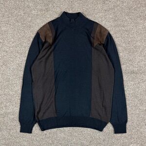 Navy Mock Neck Merino Wool Lightweight Sweater Men’s Large Suede Shoulder Patch